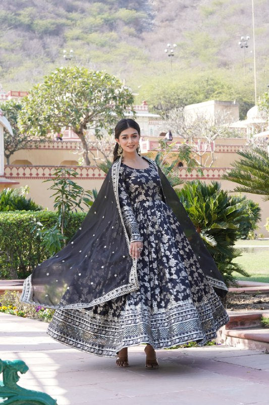 Stunning Viscous Jacquard Sequins Embroidered Designer Gown With Dupatta - INDIAN ELEGANCE