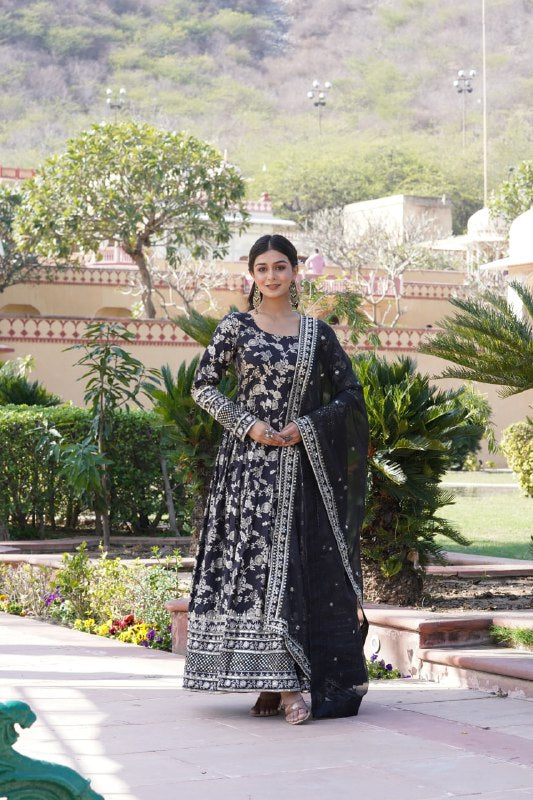 Stunning Viscous Jacquard Sequins Embroidered Designer Gown With Dupatta - INDIAN ELEGANCE