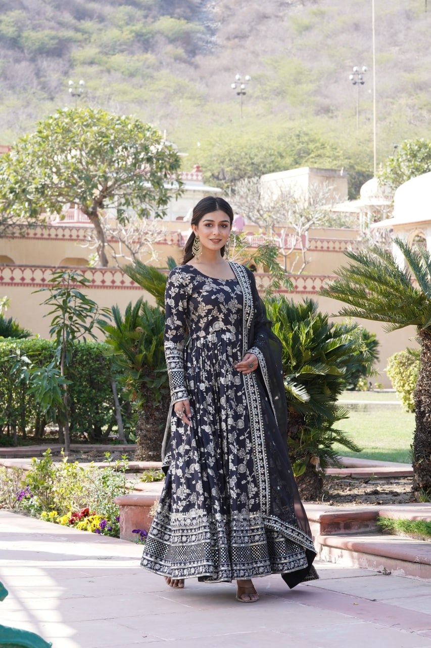Stunning Viscous Jacquard Sequins Embroidered Designer Gown With Dupatta - INDIAN ELEGANCE