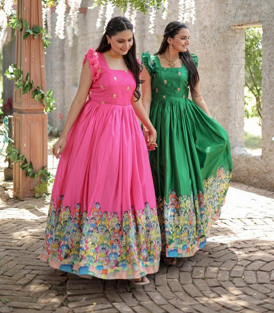 Stunning Dola Silk Designer Printed Fully Stitched Gown - INDIAN ELEGANCE