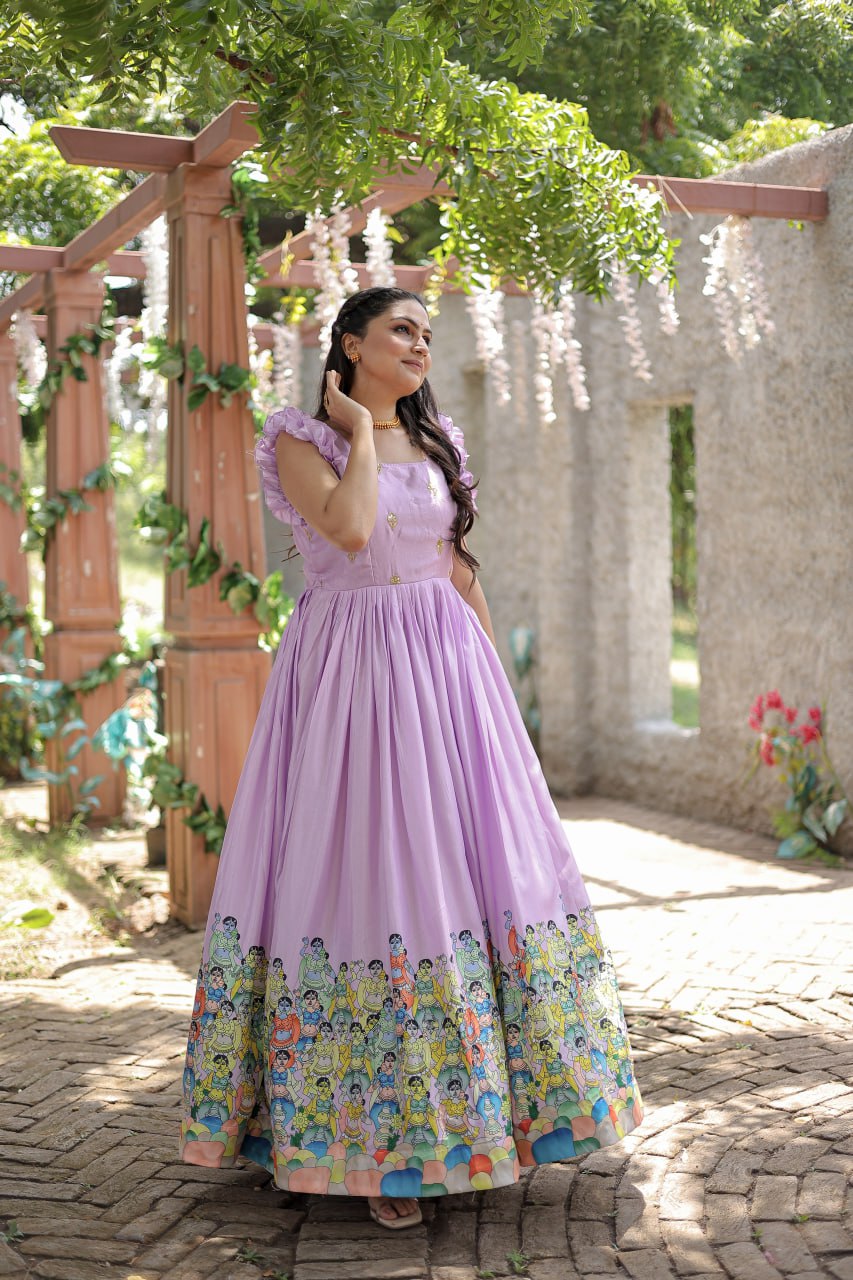 Stunning Dola Silk Designer Printed Fully Stitched Gown - INDIAN ELEGANCE