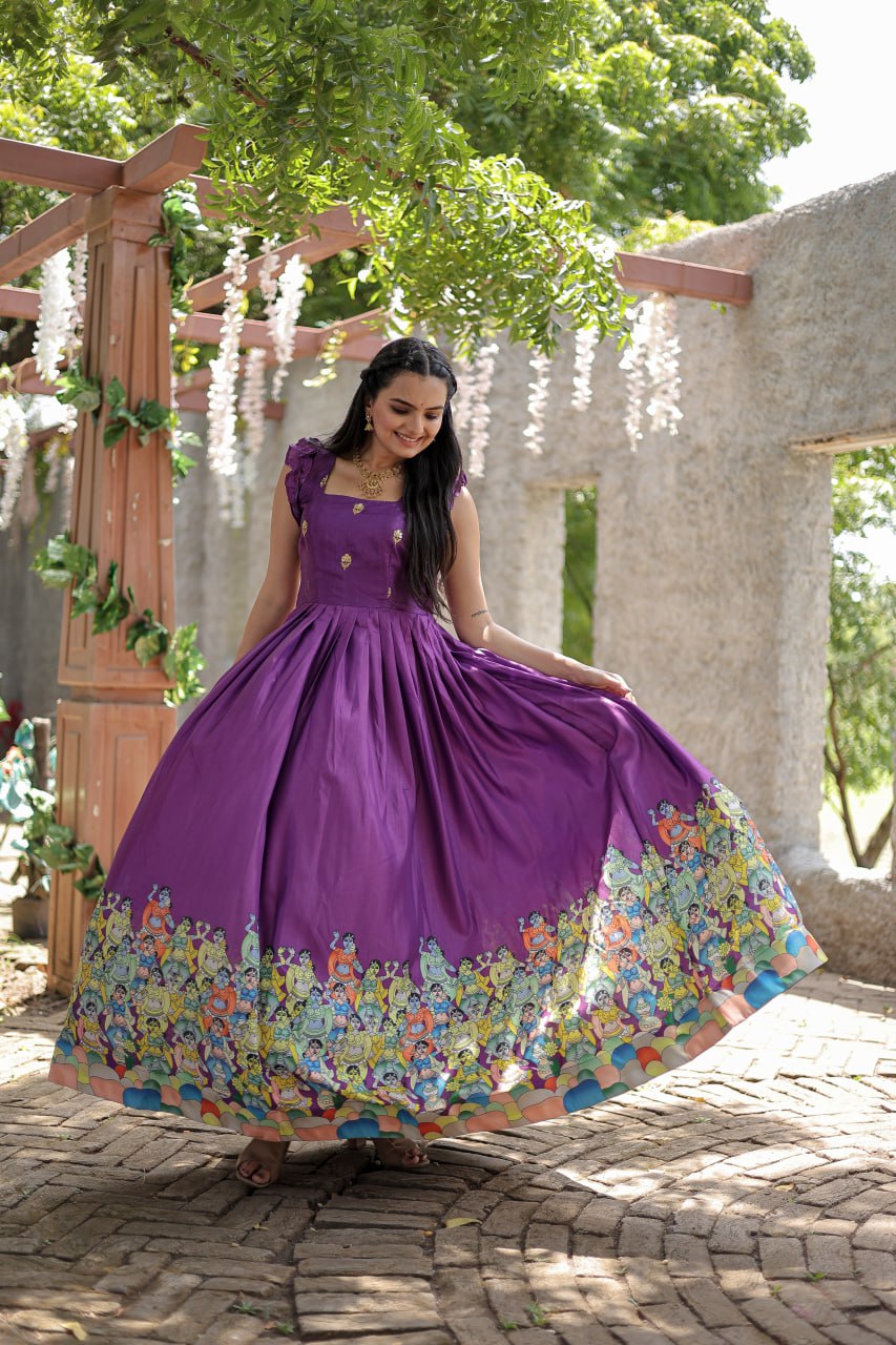 Stunning Dola Silk Designer Printed Fully Stitched Gown - INDIAN ELEGANCE