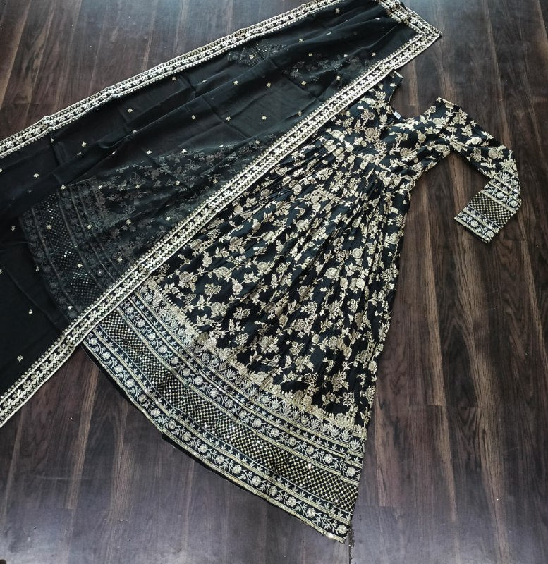 Stunning Viscous Jacquard Sequins Embroidered Designer Gown With Dupatta - INDIAN ELEGANCE