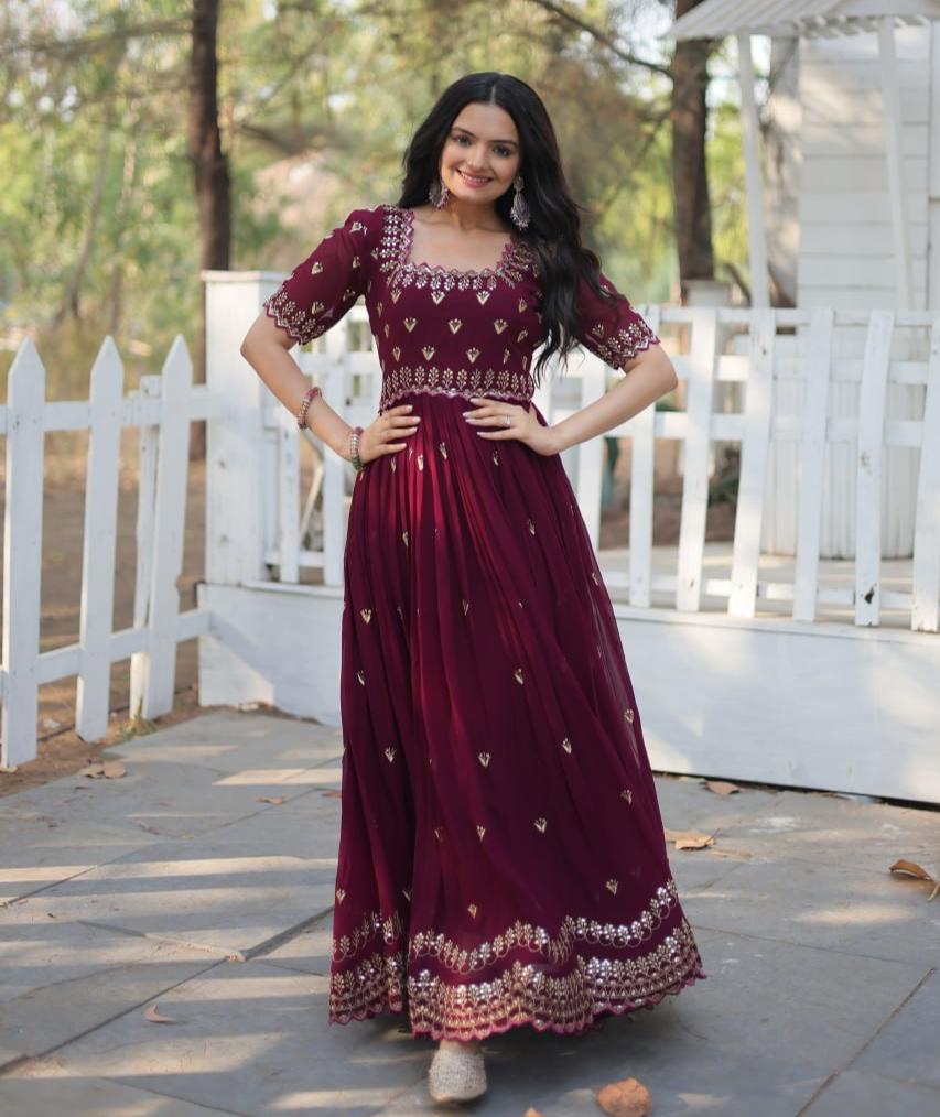 Dashing Faux Georgette Zari Sequins Worked Designer Gown - INDIAN ELEGANCE