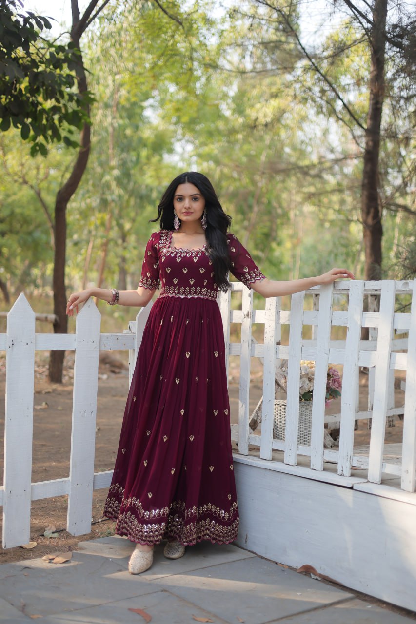 Dashing Faux Georgette Zari Sequins Worked Designer Gown - INDIAN ELEGANCE