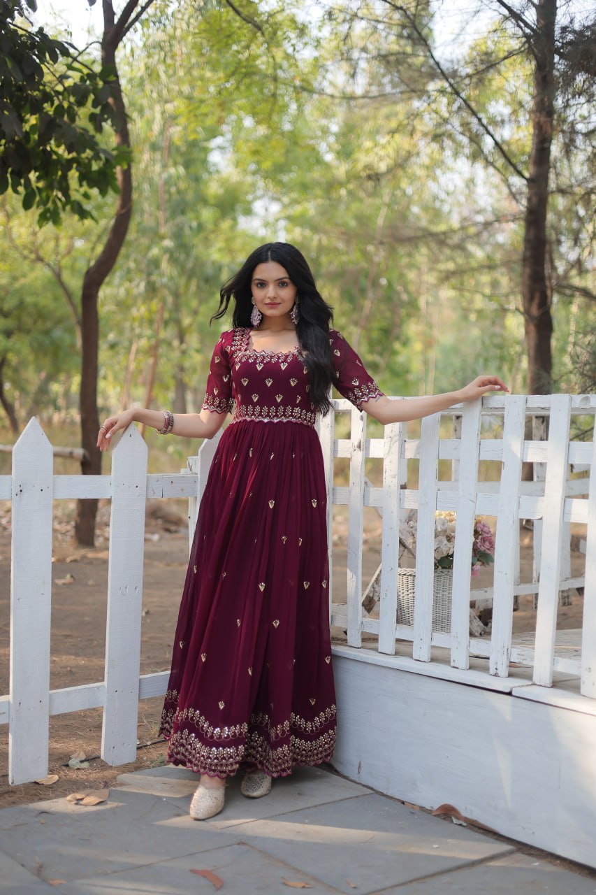 Dashing Faux Georgette Zari Sequins Worked Designer Gown - INDIAN ELEGANCE