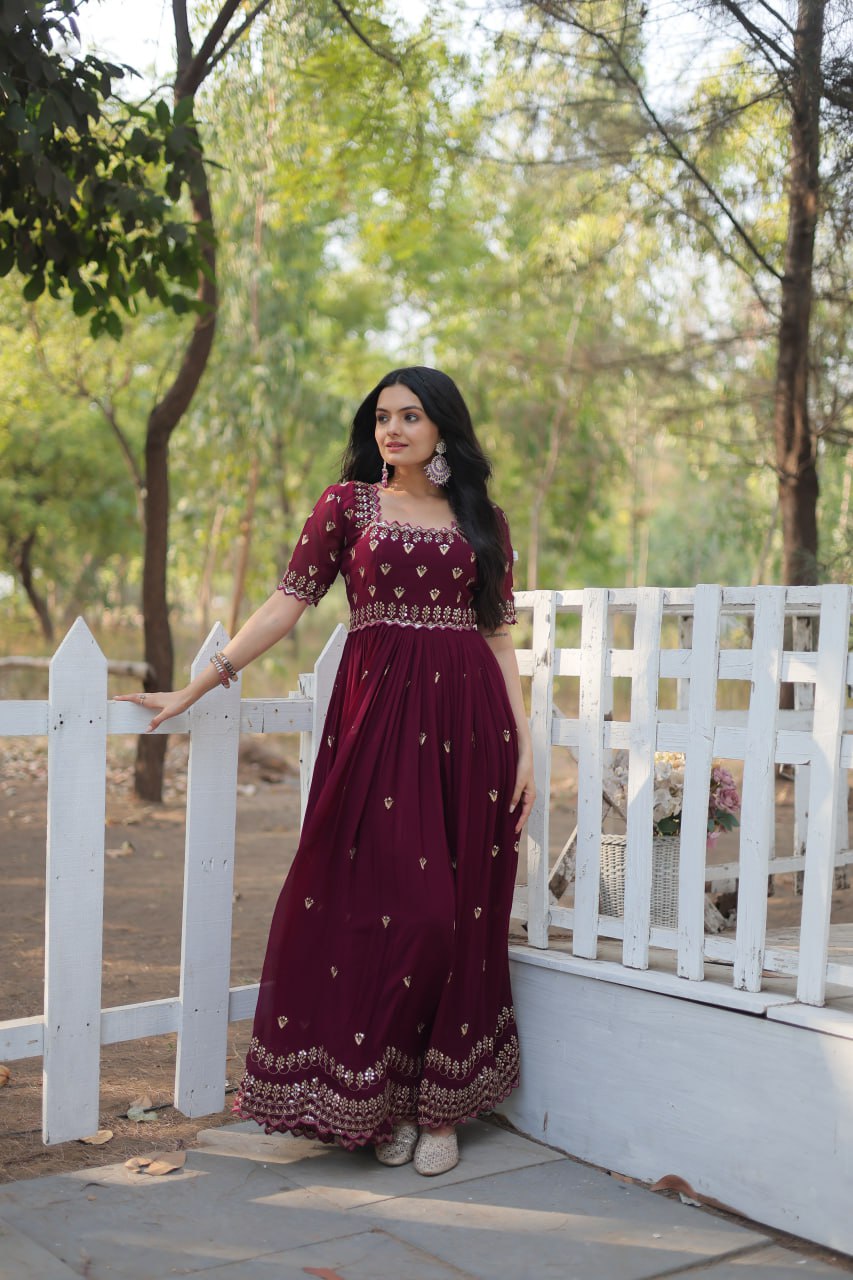 Dashing Faux Georgette Zari Sequins Worked Designer Gown - INDIAN ELEGANCE