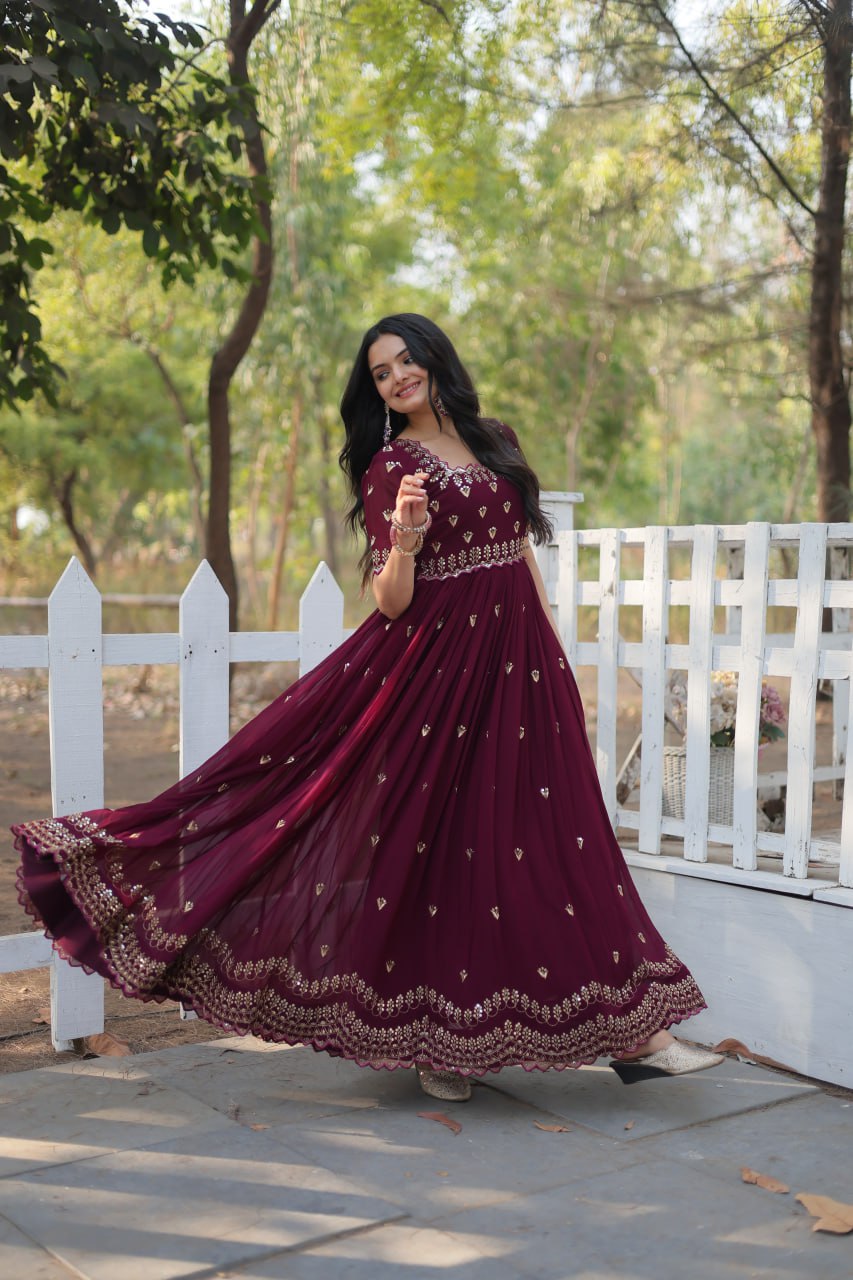 Dashing Faux Georgette Zari Sequins Worked Designer Gown - INDIAN ELEGANCE