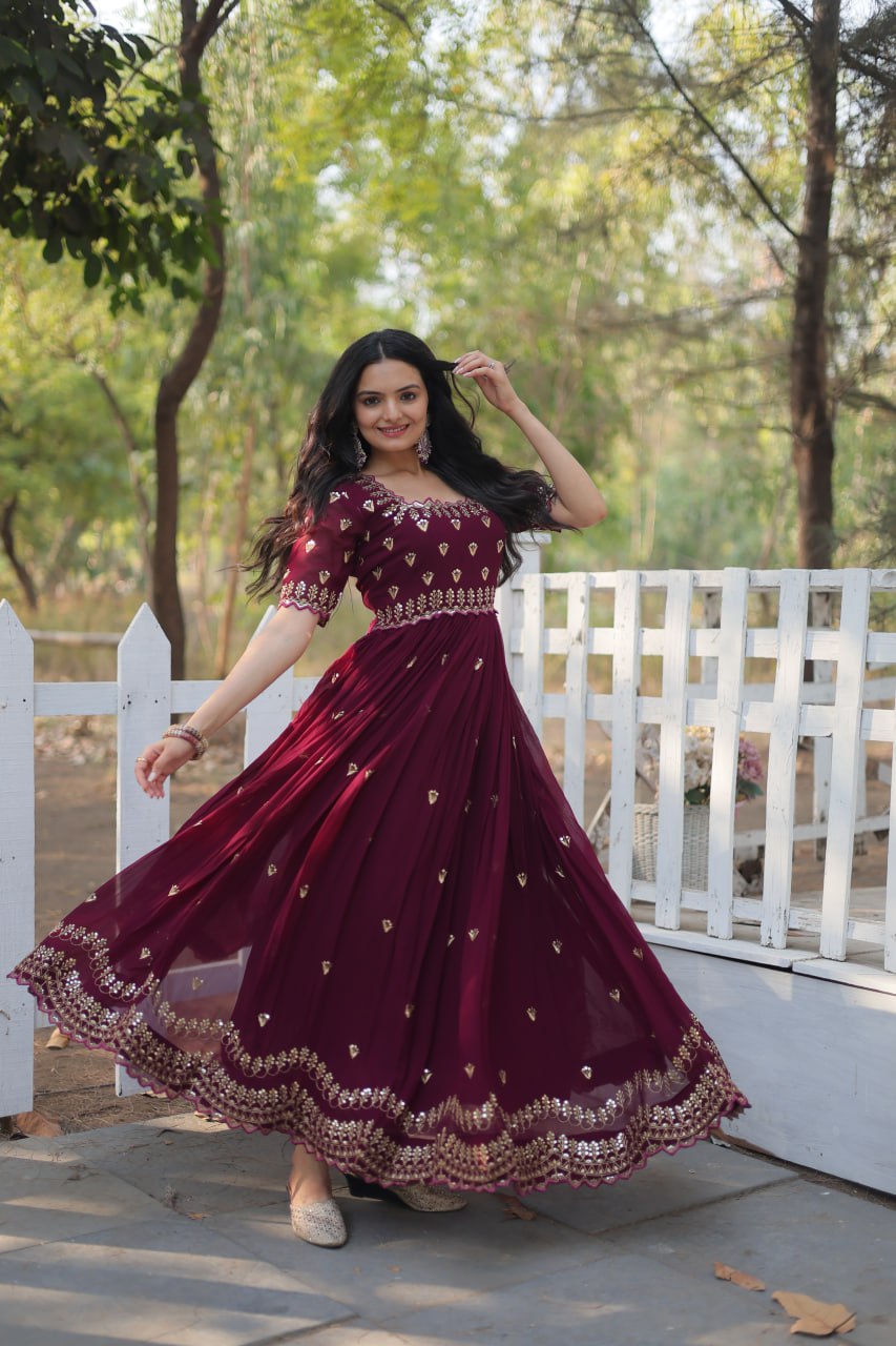 Dashing Faux Georgette Zari Sequins Worked Designer Gown - INDIAN ELEGANCE