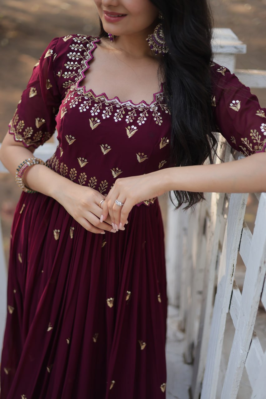 Dashing Faux Georgette Zari Sequins Worked Designer Gown - INDIAN ELEGANCE