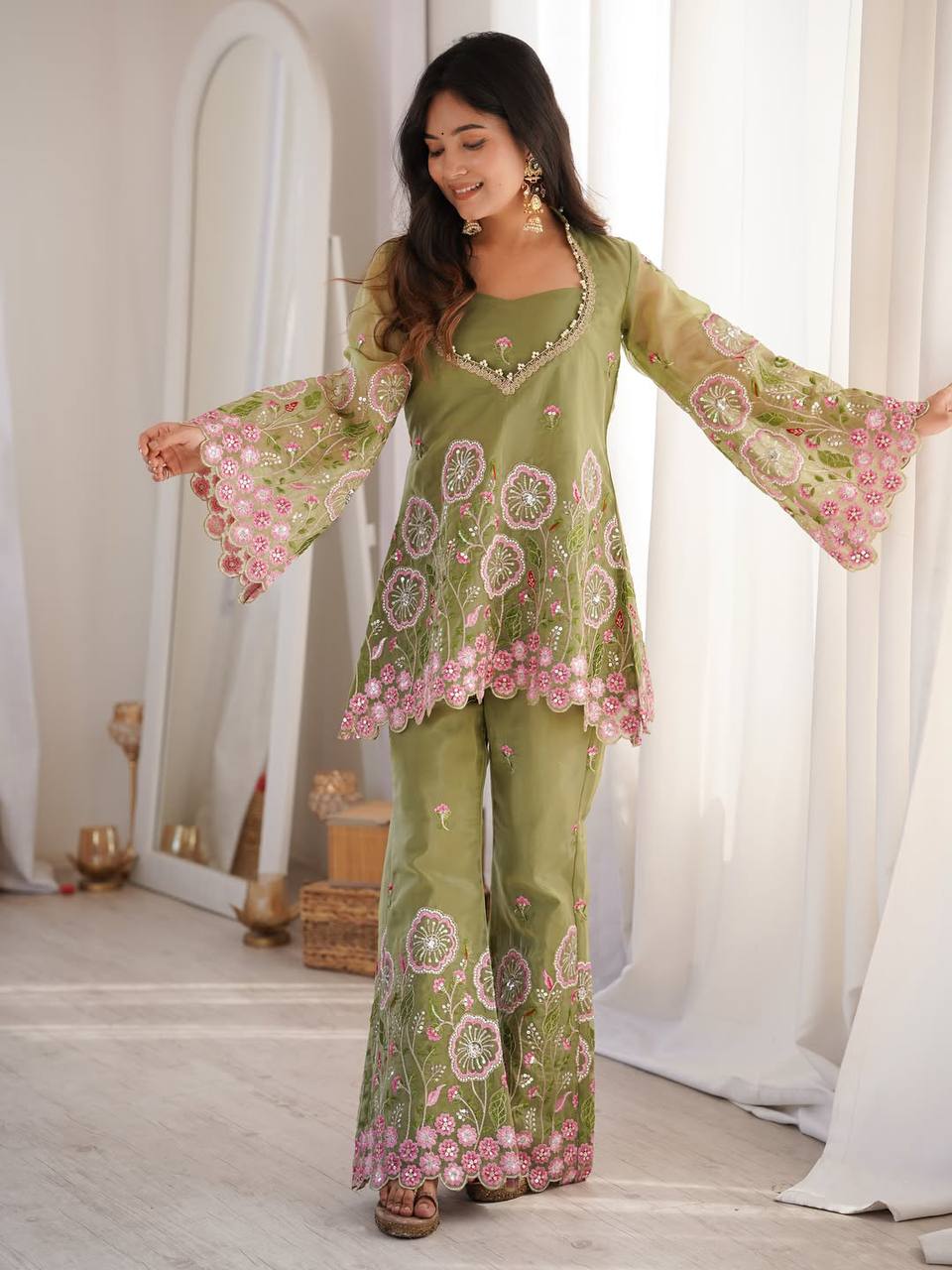 Olive Green Embroidered Palazzo Set for Women – Designer Silk Party Wear Co-Ord Outfit | Wedding, Sangeet & Festive Wear 2026