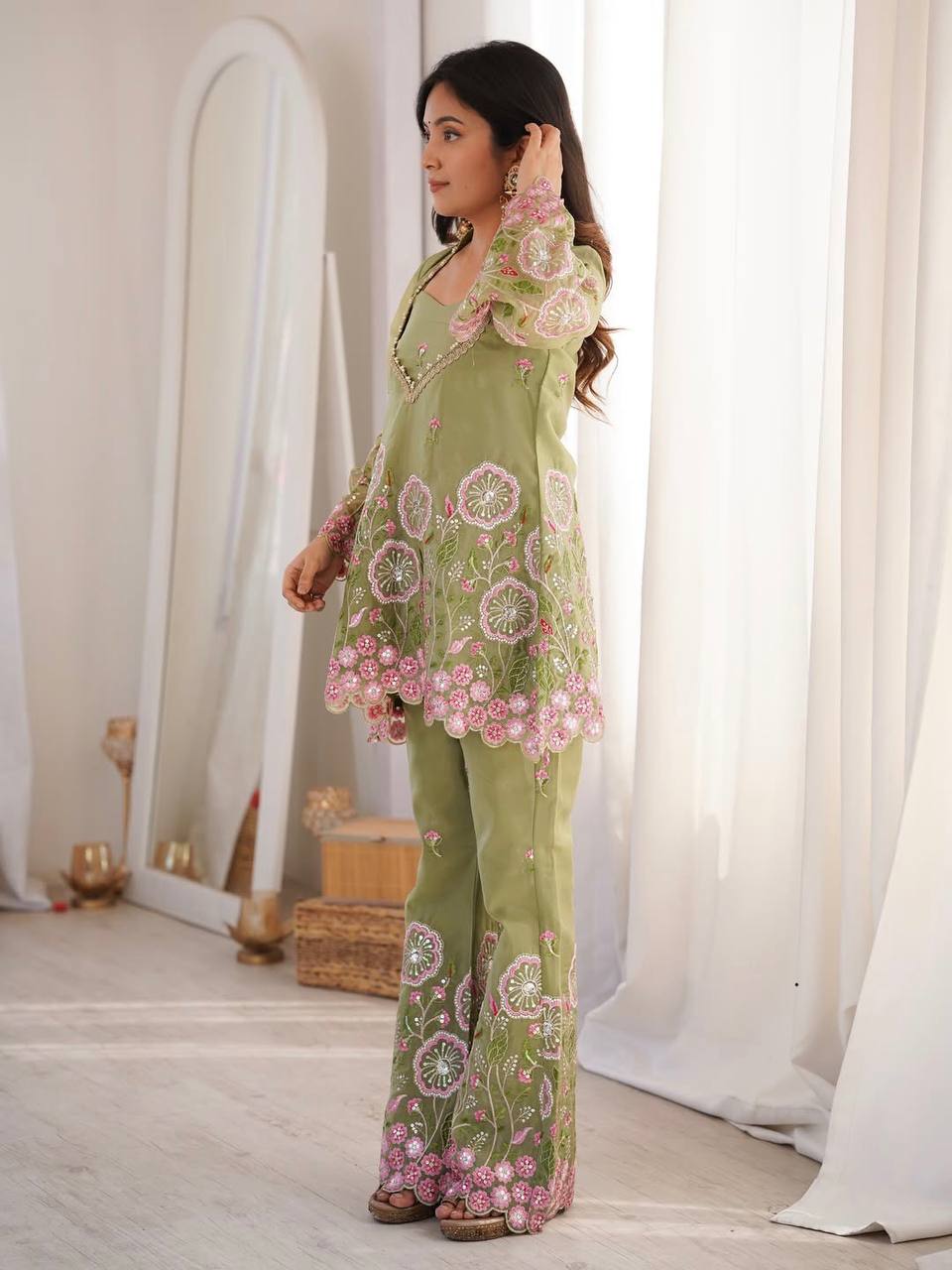Olive Green Embroidered Palazzo Set for Women – Designer Silk Party Wear Co-Ord Outfit | Wedding, Sangeet & Festive Wear 2026