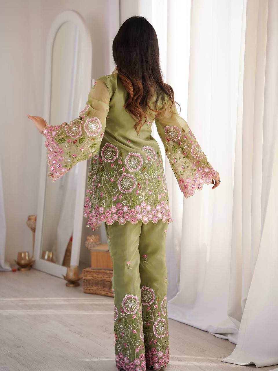 Olive Green Embroidered Palazzo Set for Women – Designer Silk Party Wear Co-Ord Outfit | Wedding, Sangeet & Festive Wear 2026