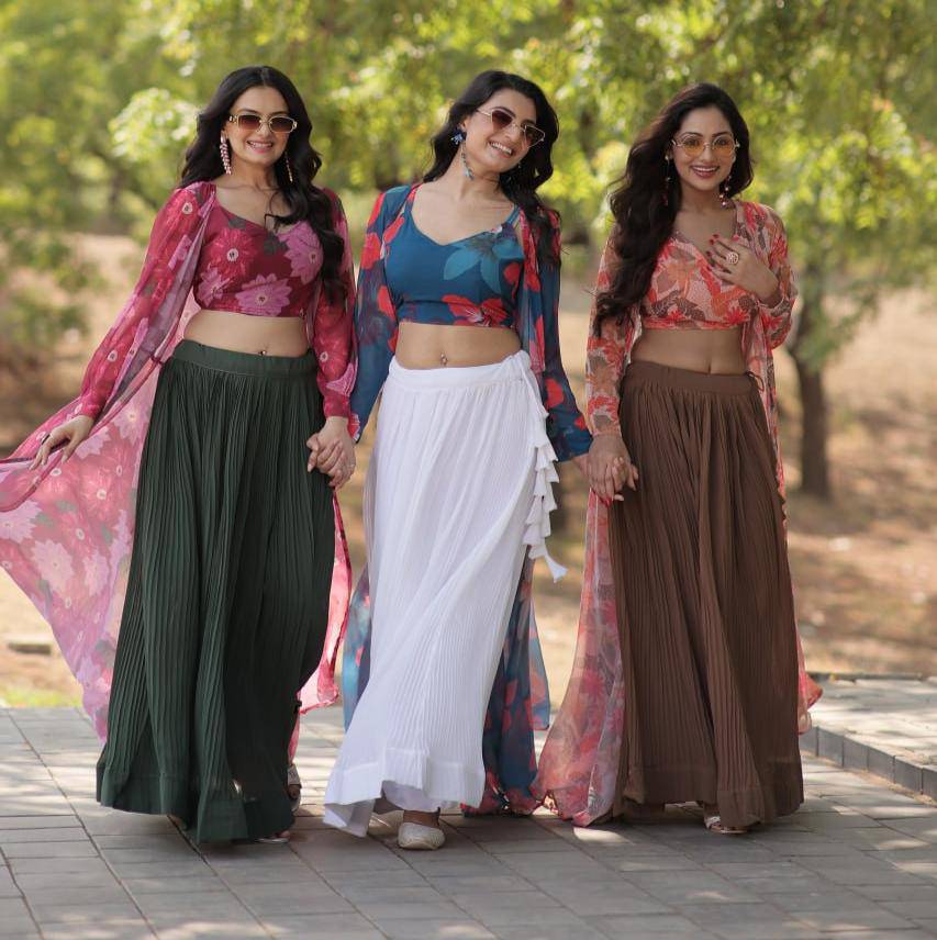 Alluring Faux Georgette Floral Printed Blouse Lehenga Shrug Set - INDIAN ELEGANCE