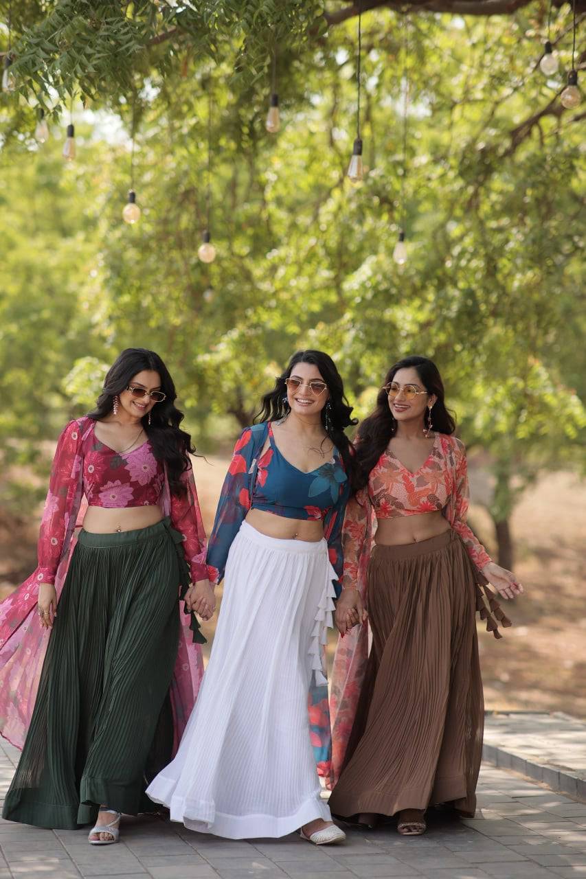 Alluring Faux Georgette Floral Printed Blouse Lehenga Shrug Set - INDIAN ELEGANCE