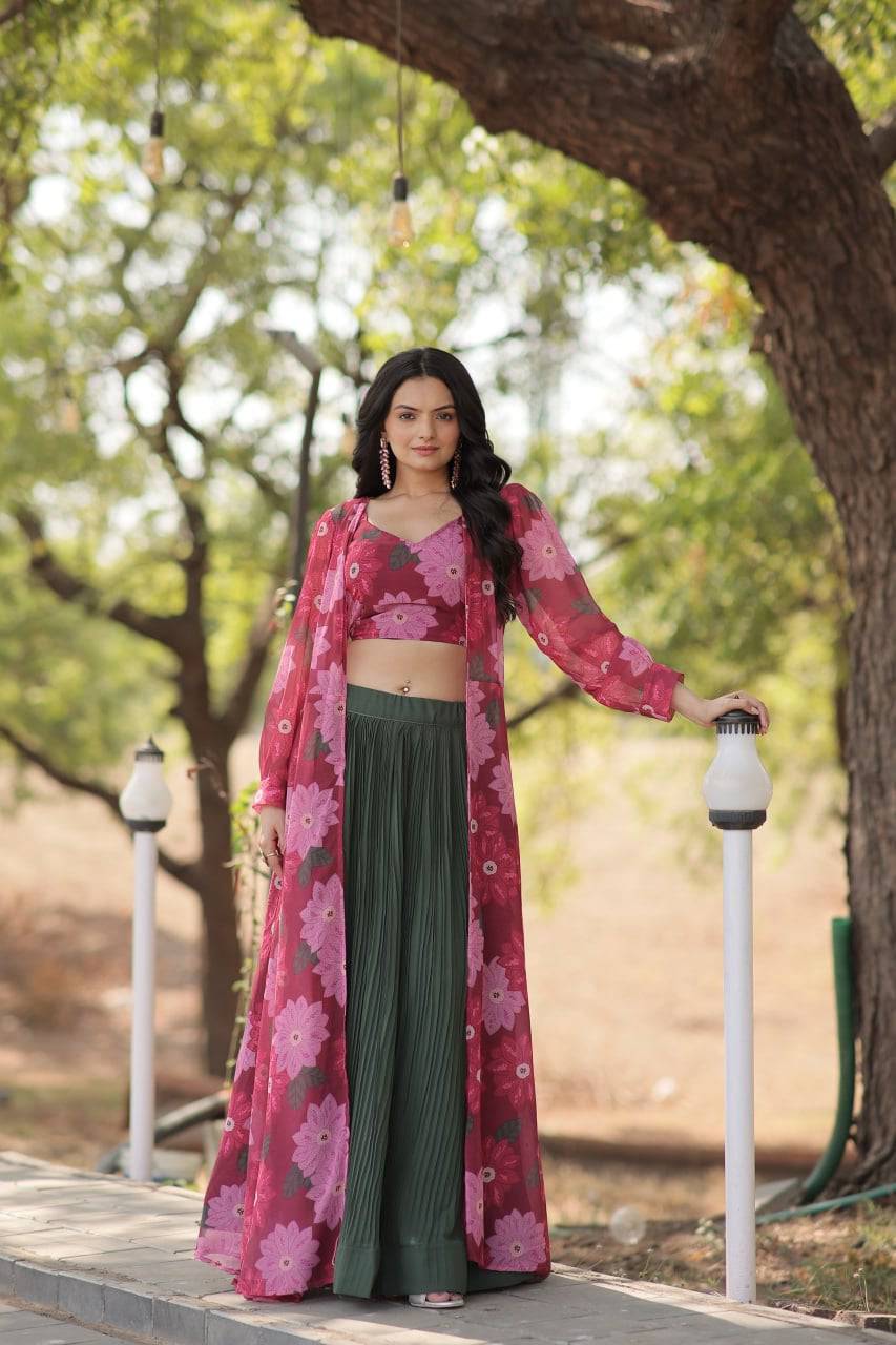 Alluring Faux Georgette Floral Printed Blouse Lehenga Shrug Set - INDIAN ELEGANCE