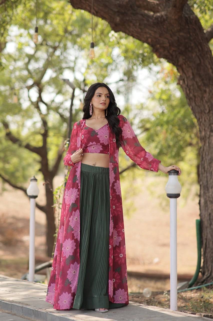 Alluring Faux Georgette Floral Printed Blouse Lehenga Shrug Set - INDIAN ELEGANCE