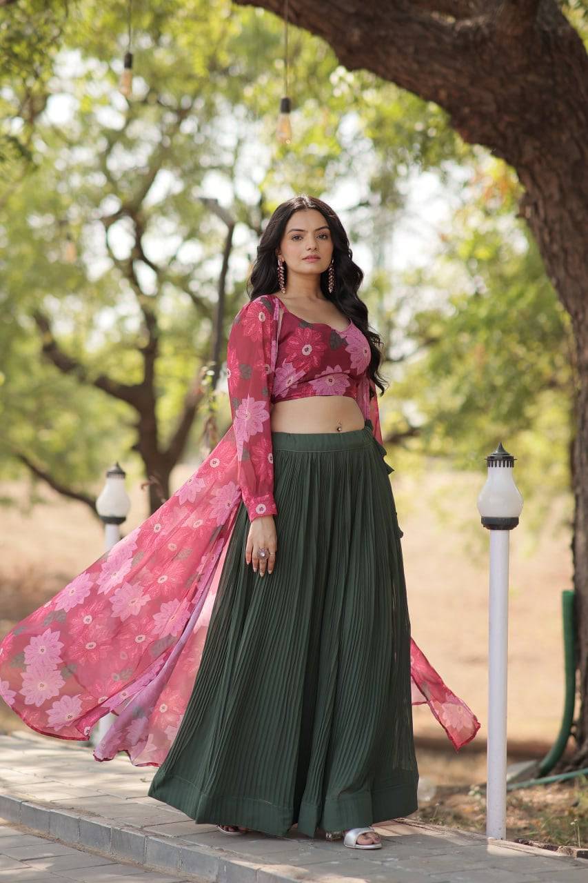 Alluring Faux Georgette Floral Printed Blouse Lehenga Shrug Set - INDIAN ELEGANCE