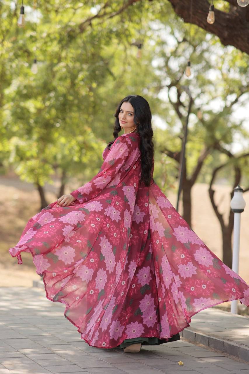 Alluring Faux Georgette Floral Printed Blouse Lehenga Shrug Set - INDIAN ELEGANCE