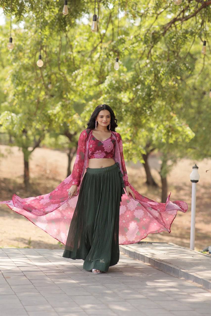 Alluring Faux Georgette Floral Printed Blouse Lehenga Shrug Set - INDIAN ELEGANCE