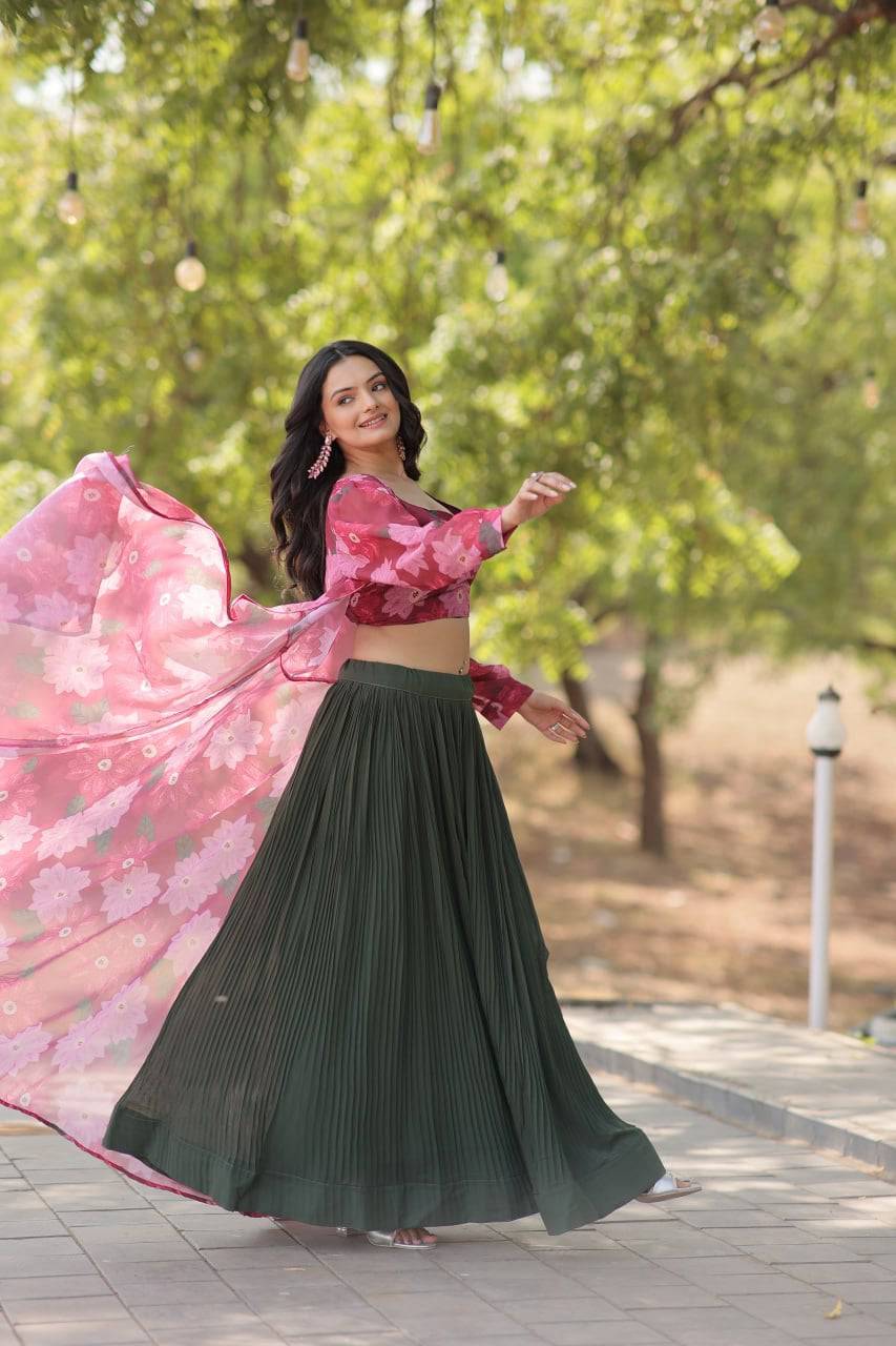 Alluring Faux Georgette Floral Printed Blouse Lehenga Shrug Set - INDIAN ELEGANCE