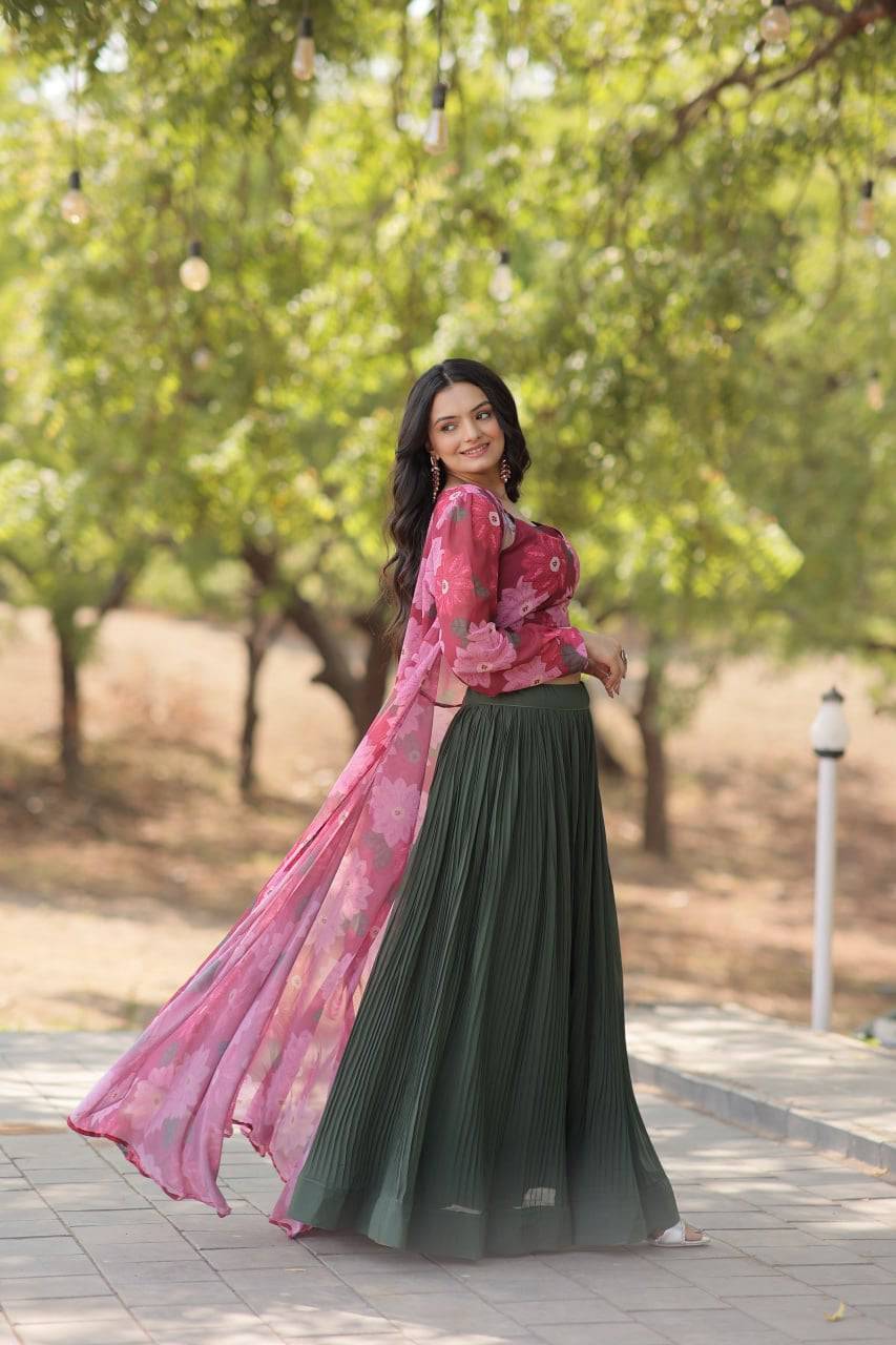 Alluring Faux Georgette Floral Printed Blouse Lehenga Shrug Set - INDIAN ELEGANCE