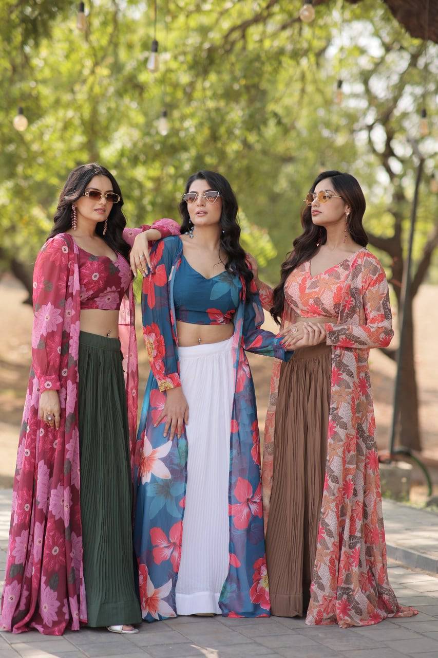 Alluring Faux Georgette Floral Printed Blouse Lehenga Shrug Set - INDIAN ELEGANCE