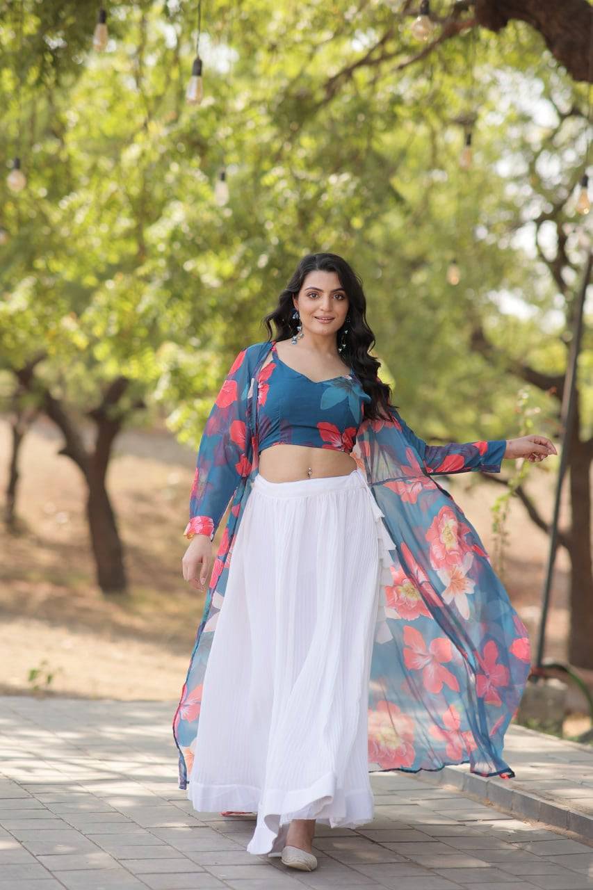 Alluring Faux Georgette Floral Printed Blouse Lehenga Shrug Set - INDIAN ELEGANCE