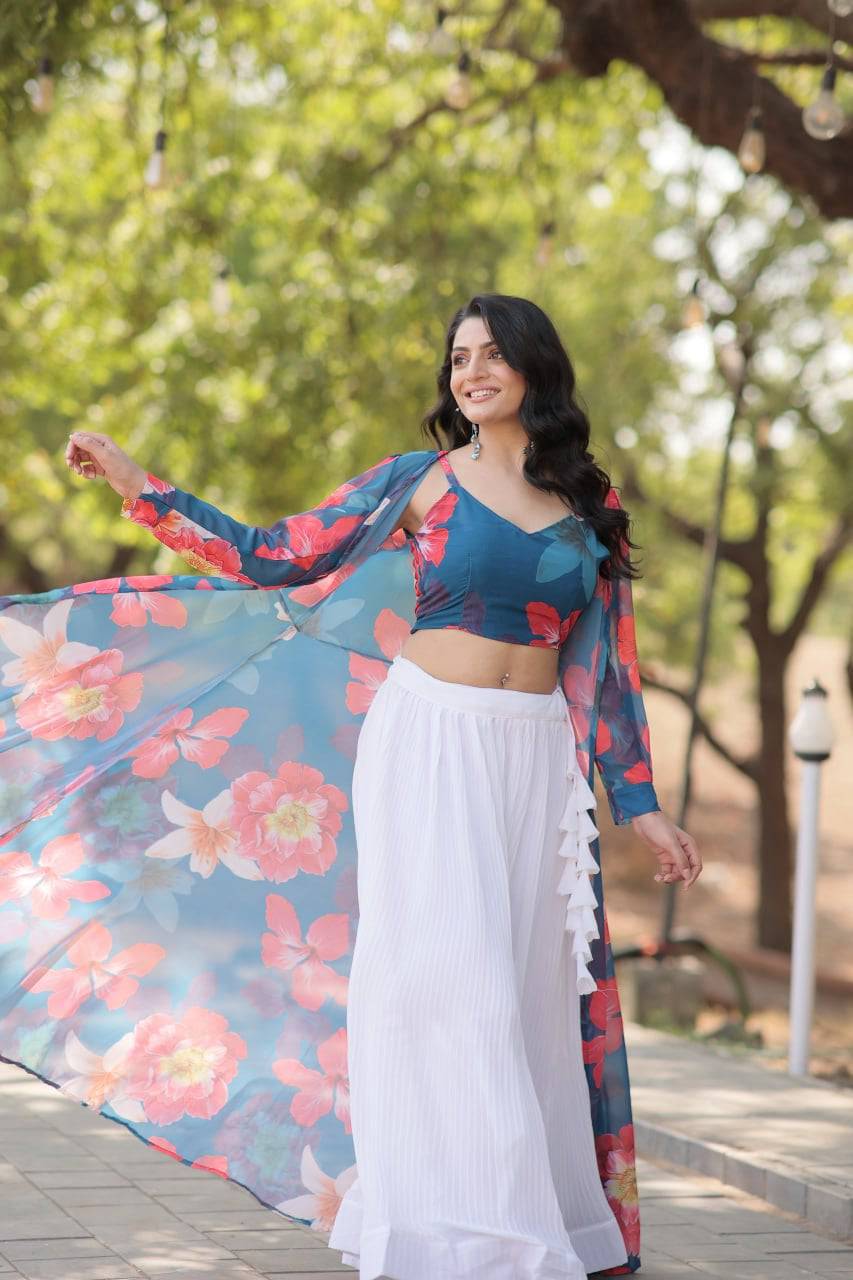 Alluring Faux Georgette Floral Printed Blouse Lehenga Shrug Set - INDIAN ELEGANCE