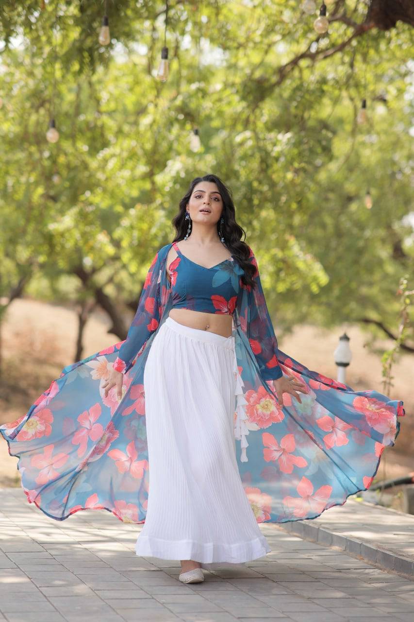 Alluring Faux Georgette Floral Printed Blouse Lehenga Shrug Set - INDIAN ELEGANCE