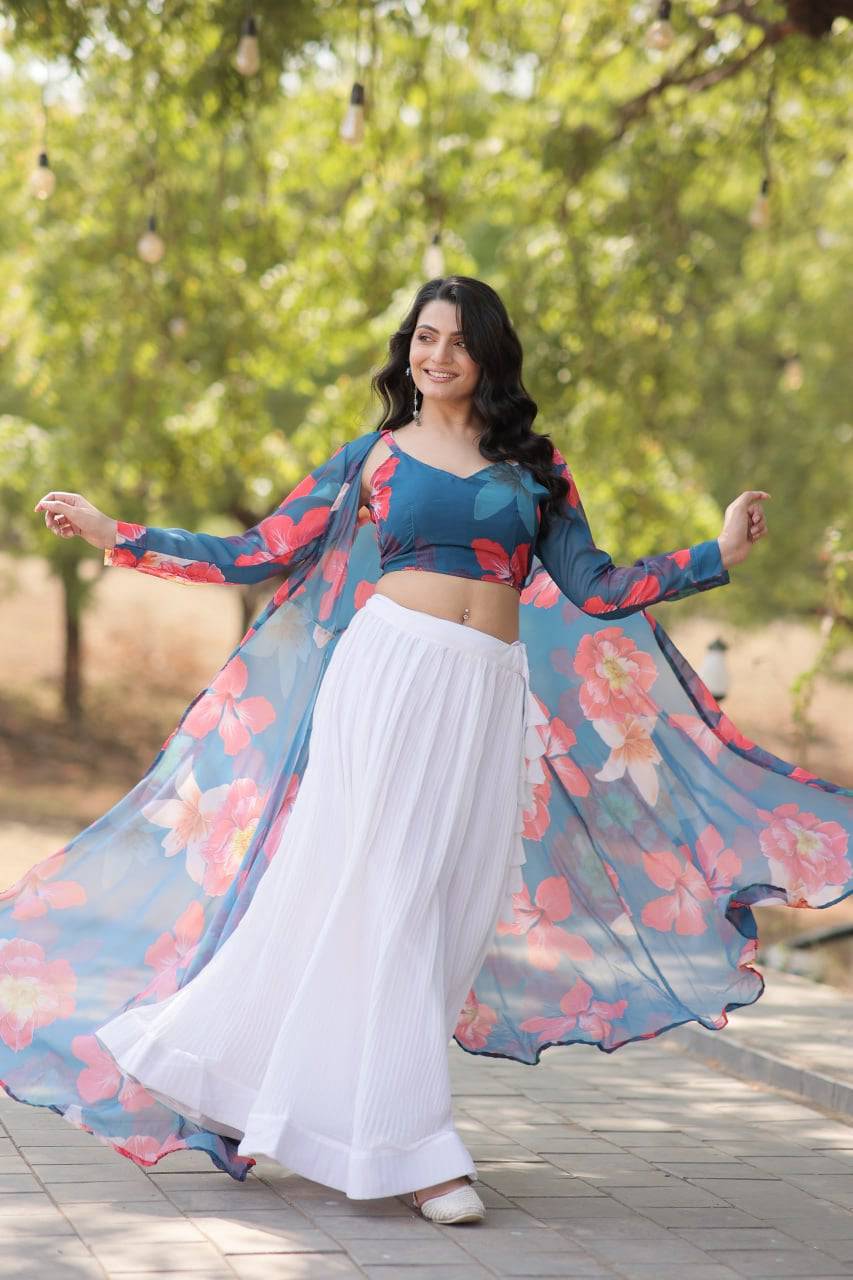 Alluring Faux Georgette Floral Printed Blouse Lehenga Shrug Set - INDIAN ELEGANCE