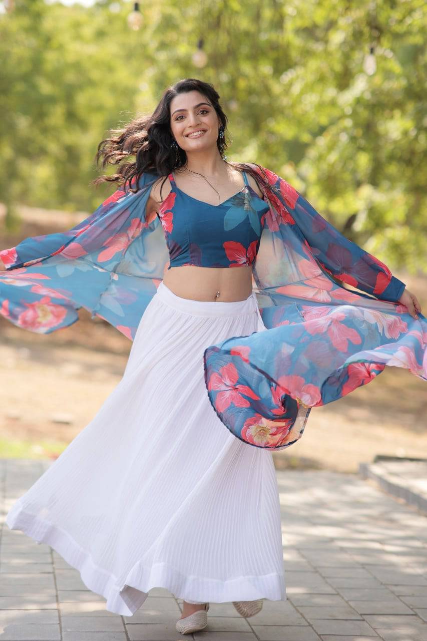 Alluring Faux Georgette Floral Printed Blouse Lehenga Shrug Set - INDIAN ELEGANCE