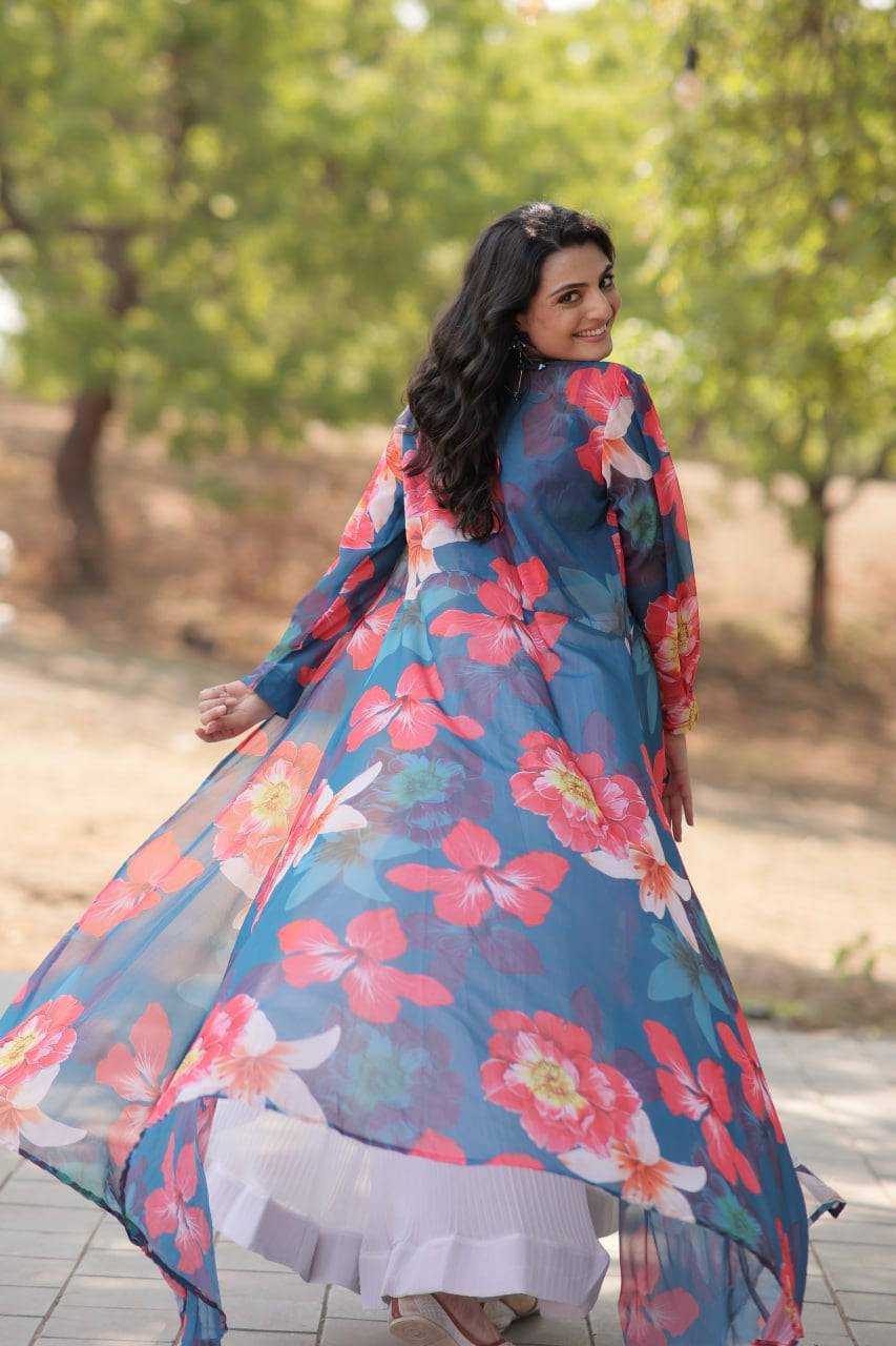 Alluring Faux Georgette Floral Printed Blouse Lehenga Shrug Set - INDIAN ELEGANCE