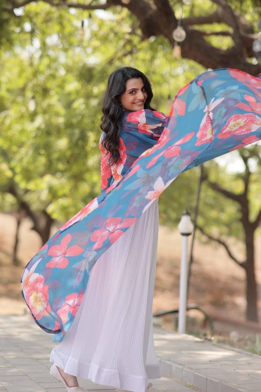 Alluring Faux Georgette Floral Printed Blouse Lehenga Shrug Set - INDIAN ELEGANCE