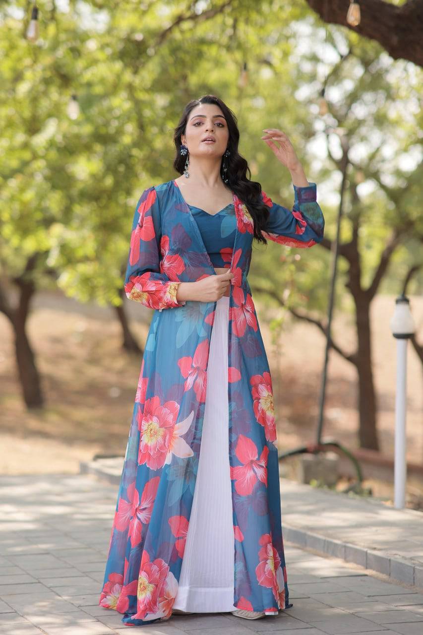 Alluring Faux Georgette Floral Printed Blouse Lehenga Shrug Set - INDIAN ELEGANCE