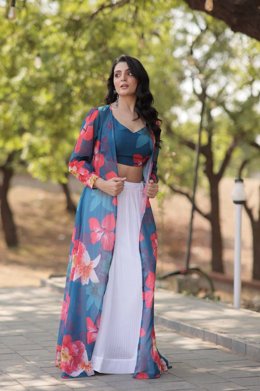 Alluring Faux Georgette Floral Printed Blouse Lehenga Shrug Set - INDIAN ELEGANCE