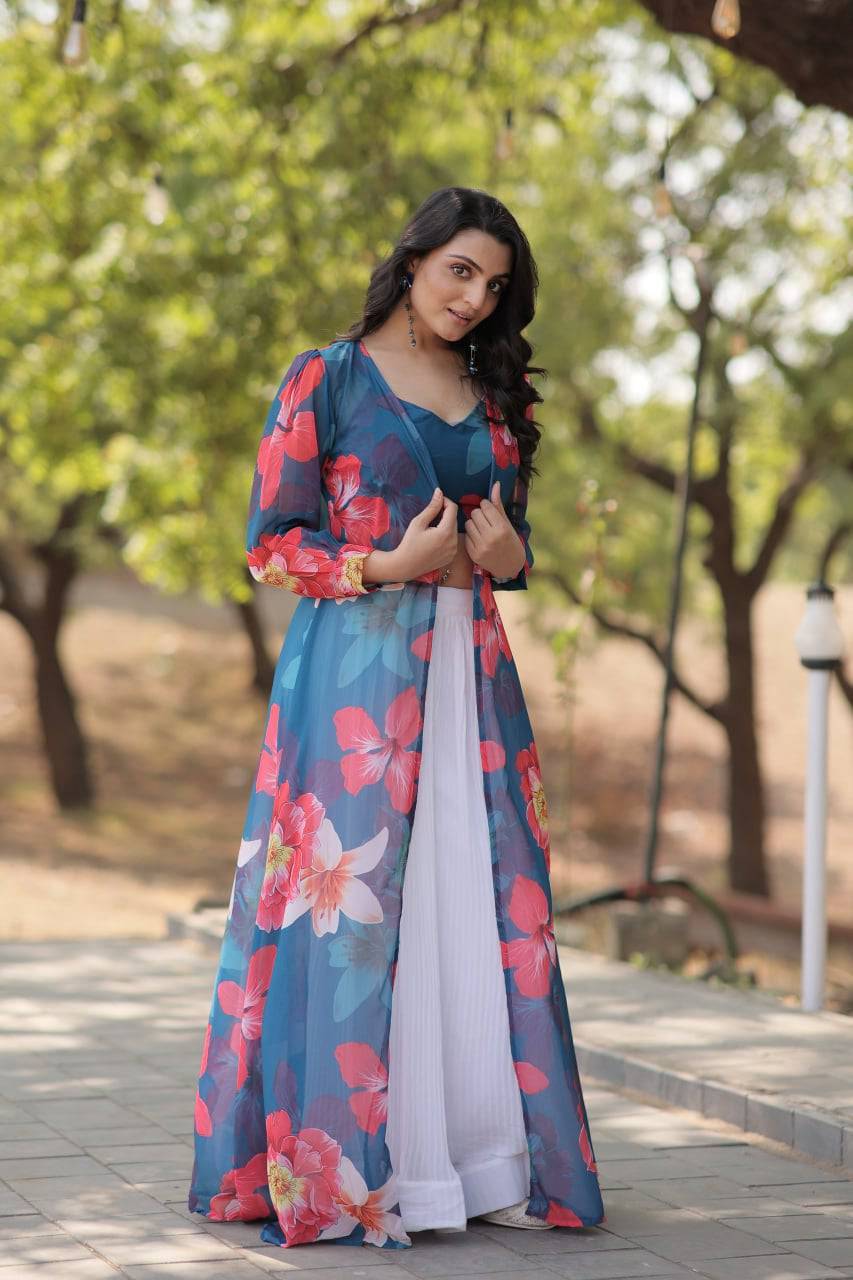 Alluring Faux Georgette Floral Printed Blouse Lehenga Shrug Set - INDIAN ELEGANCE