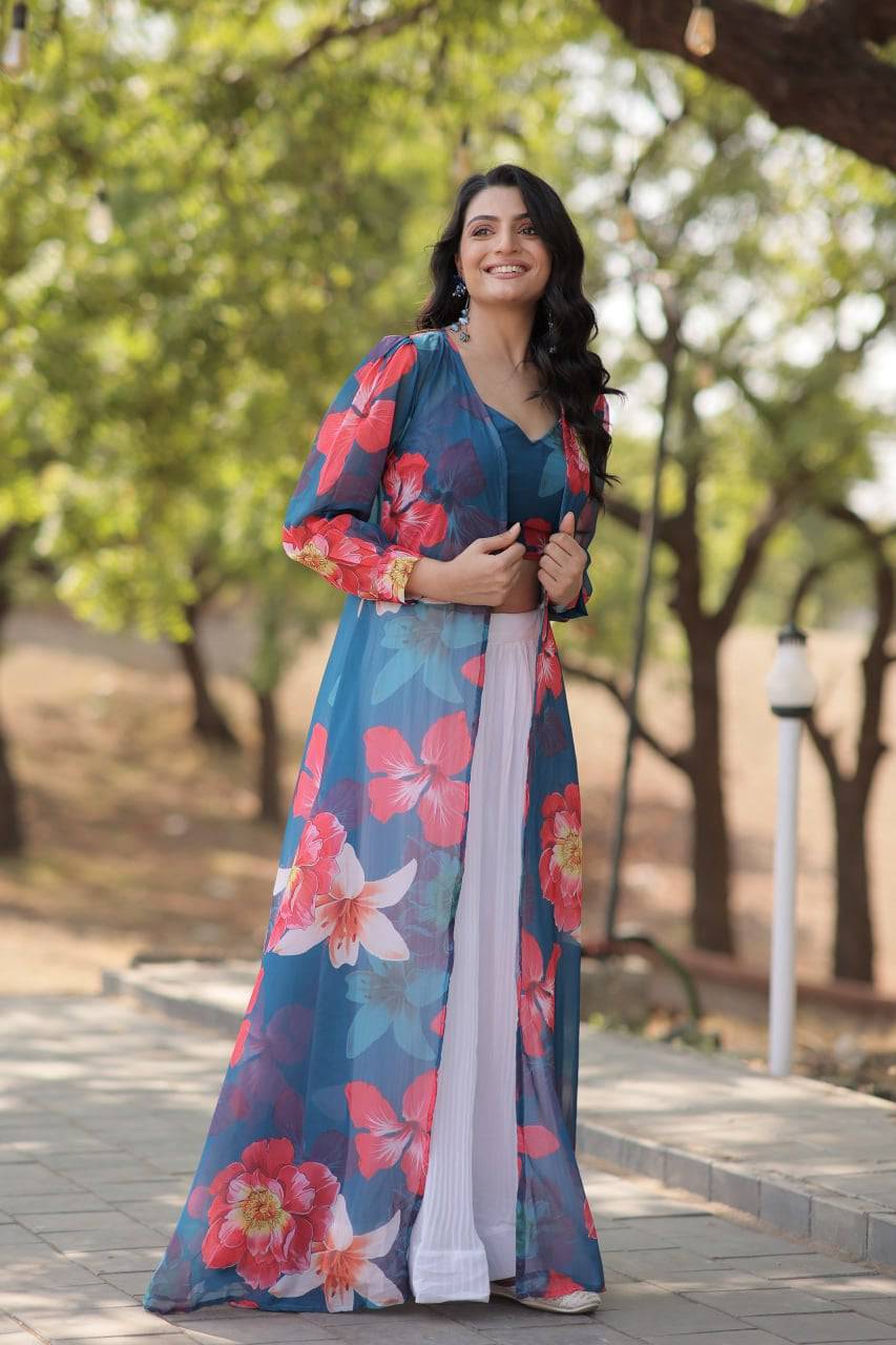Alluring Faux Georgette Floral Printed Blouse Lehenga Shrug Set - INDIAN ELEGANCE