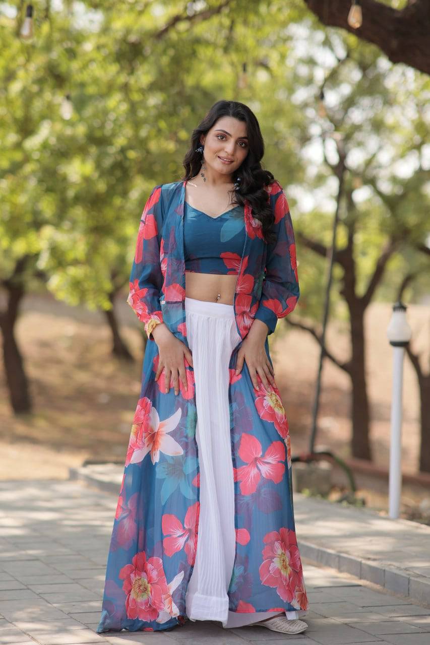 Alluring Faux Georgette Floral Printed Blouse Lehenga Shrug Set - INDIAN ELEGANCE
