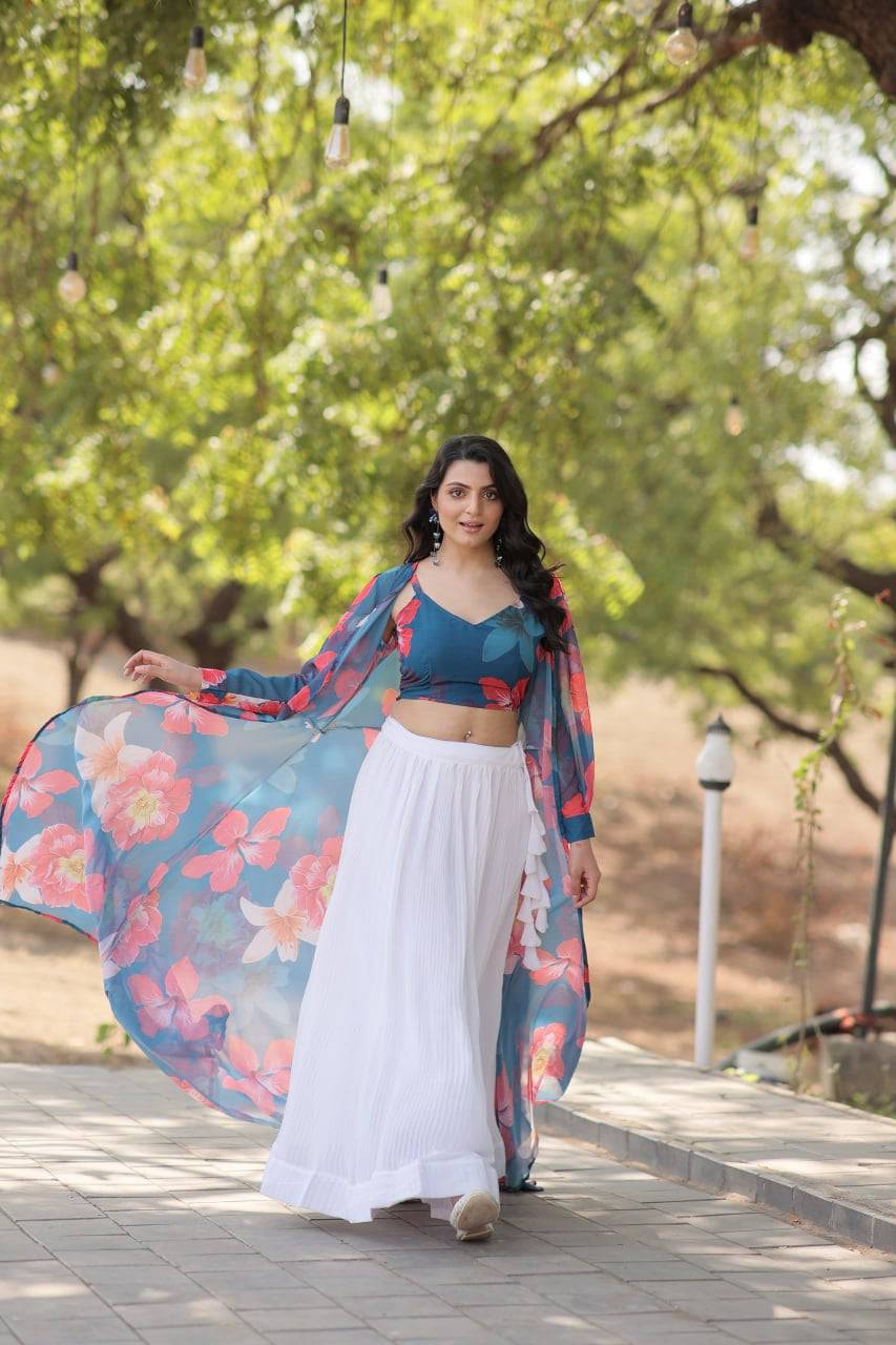 Alluring Faux Georgette Floral Printed Blouse Lehenga Shrug Set - INDIAN ELEGANCE