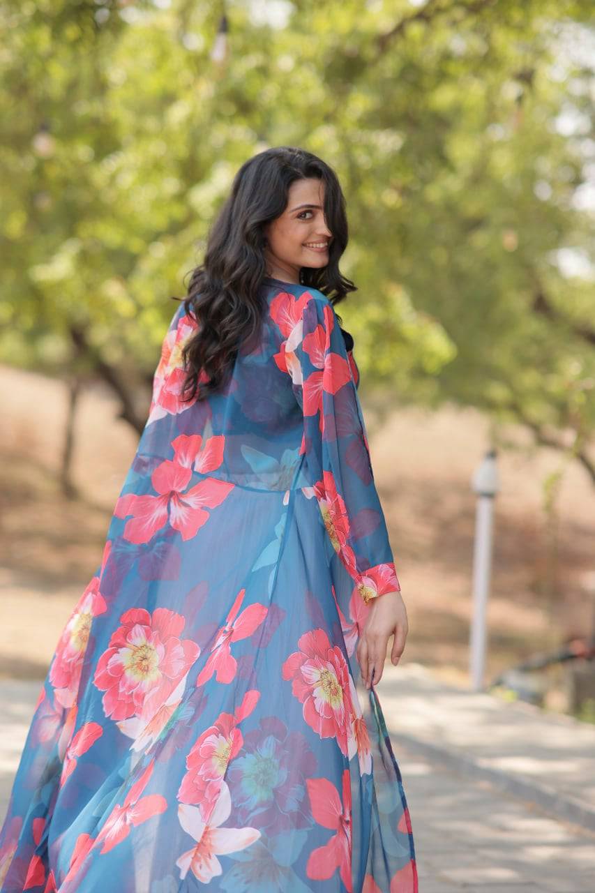 Alluring Faux Georgette Floral Printed Blouse Lehenga Shrug Set - INDIAN ELEGANCE