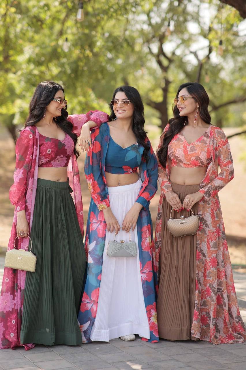 Alluring Faux Georgette Floral Printed Blouse Lehenga Shrug Set - INDIAN ELEGANCE