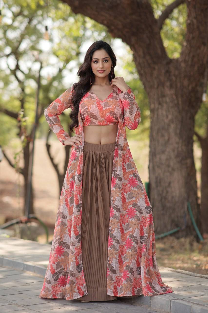 Alluring Faux Georgette Floral Printed Blouse Lehenga Shrug Set - INDIAN ELEGANCE
