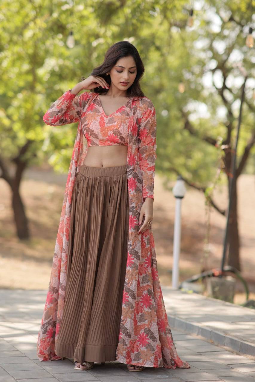 Alluring Faux Georgette Floral Printed Blouse Lehenga Shrug Set - INDIAN ELEGANCE