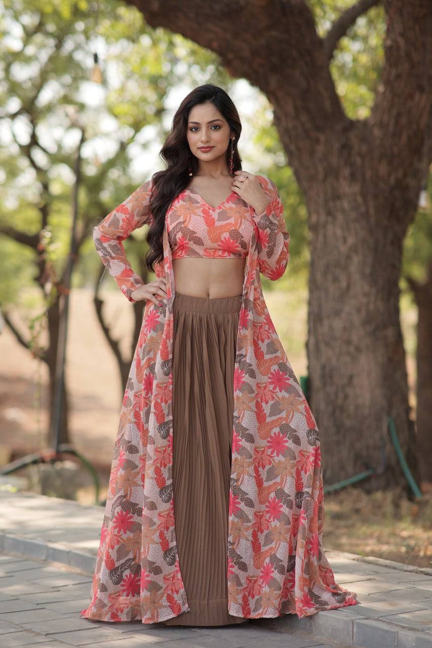 Alluring Faux Georgette Floral Printed Blouse Lehenga Shrug Set - INDIAN ELEGANCE