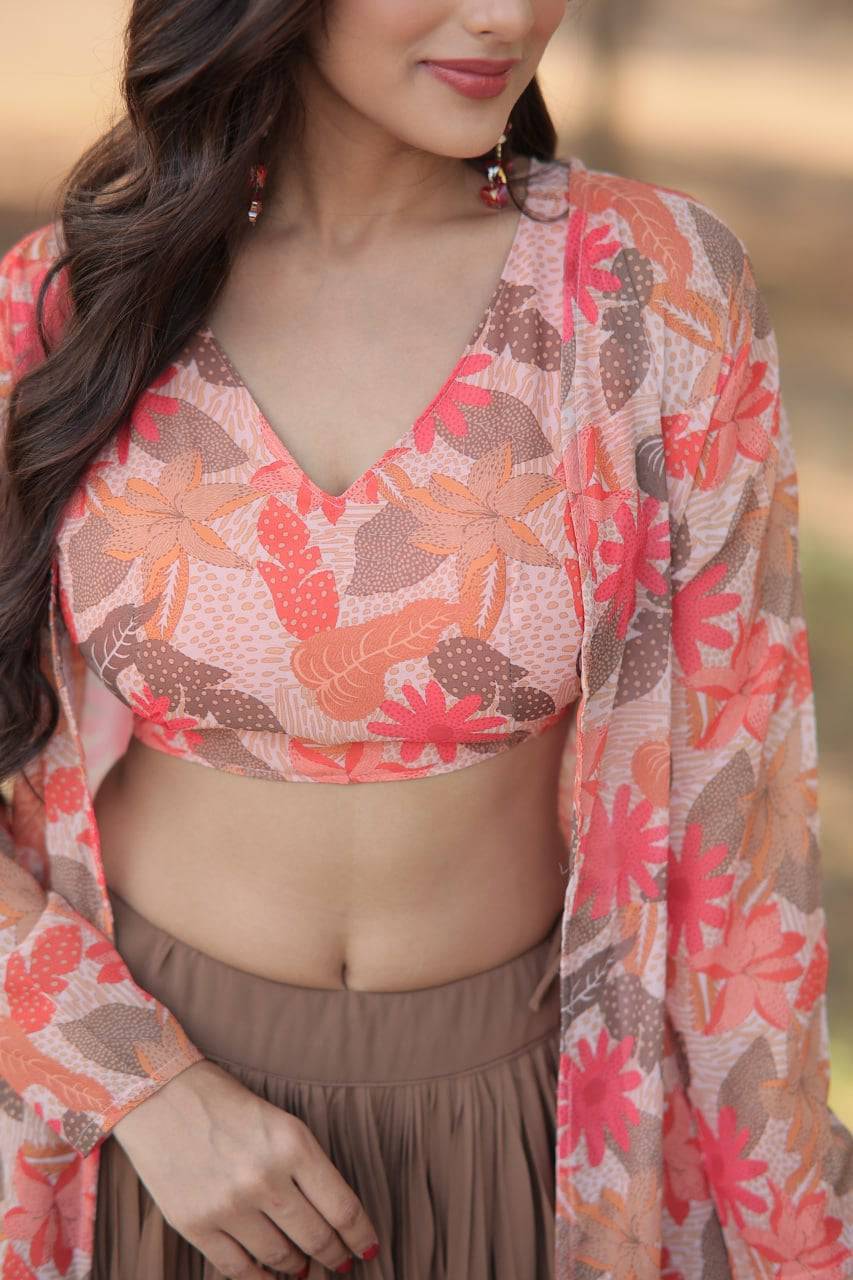 Alluring Faux Georgette Floral Printed Blouse Lehenga Shrug Set - INDIAN ELEGANCE