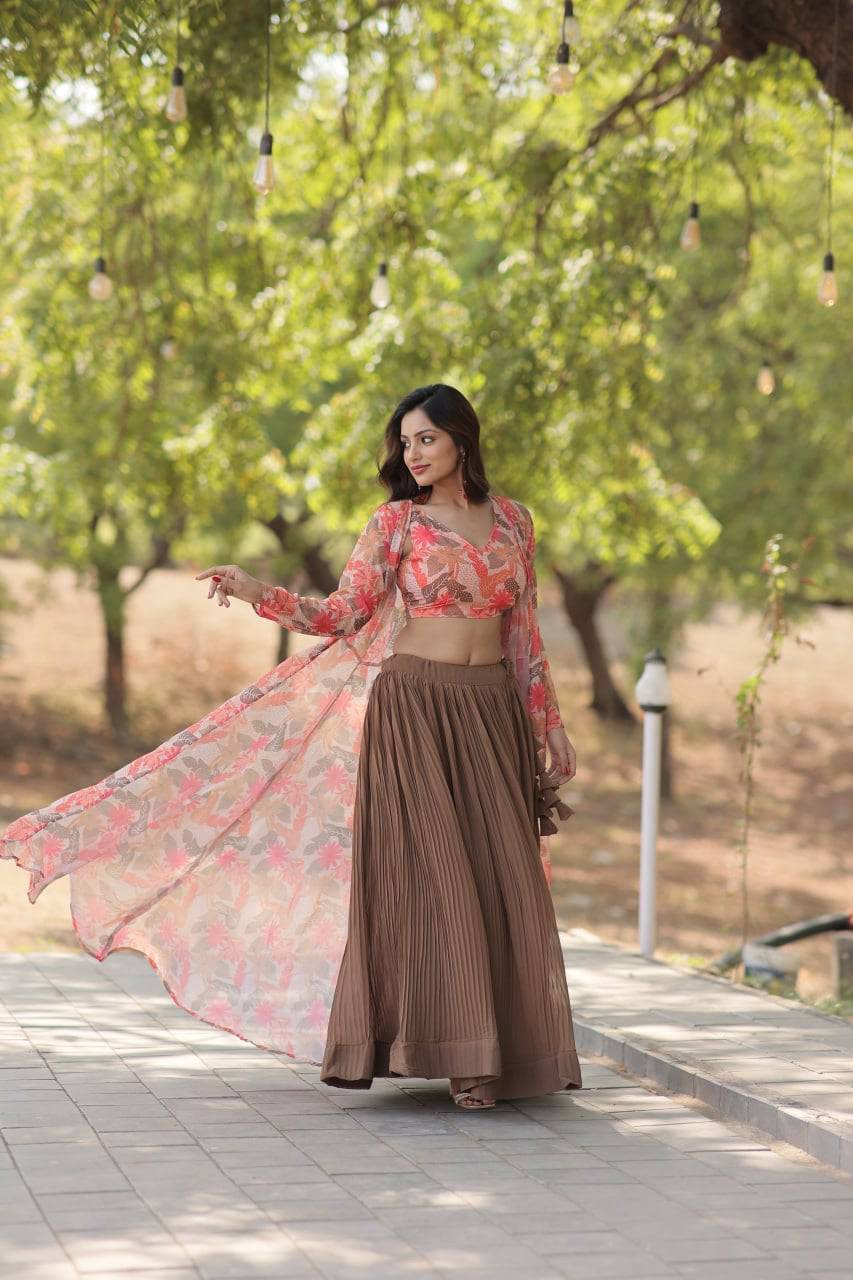 Alluring Faux Georgette Floral Printed Blouse Lehenga Shrug Set - INDIAN ELEGANCE