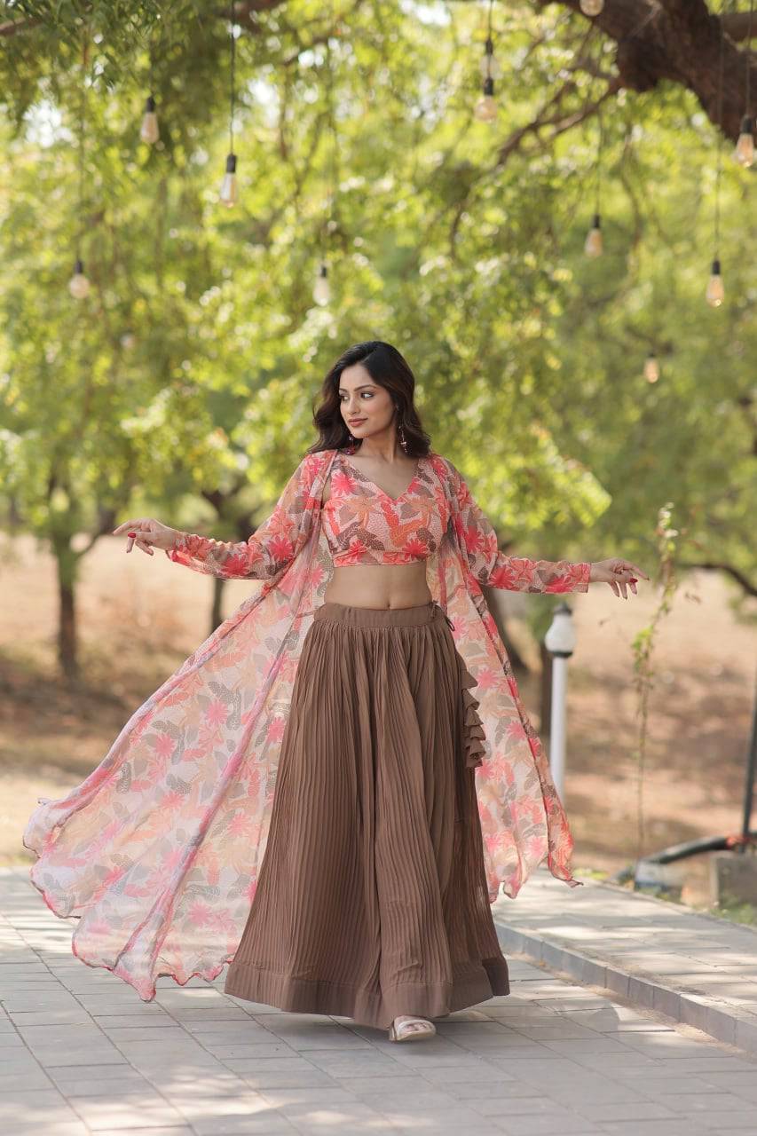 Alluring Faux Georgette Floral Printed Blouse Lehenga Shrug Set - INDIAN ELEGANCE