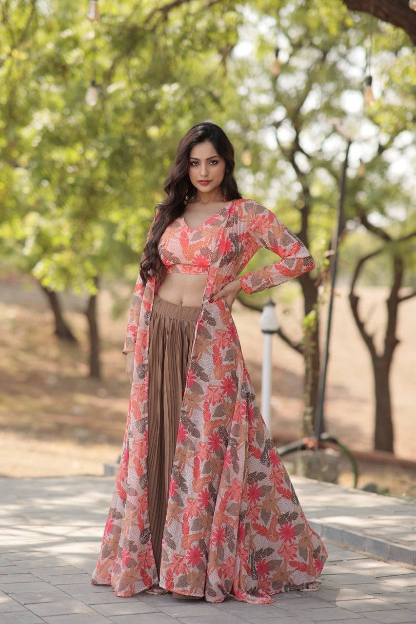 Alluring Faux Georgette Floral Printed Blouse Lehenga Shrug Set - INDIAN ELEGANCE