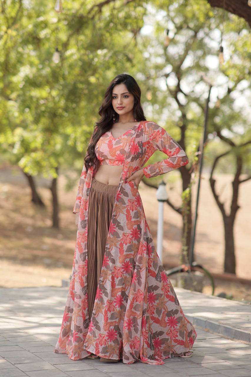 Alluring Faux Georgette Floral Printed Blouse Lehenga Shrug Set - INDIAN ELEGANCE